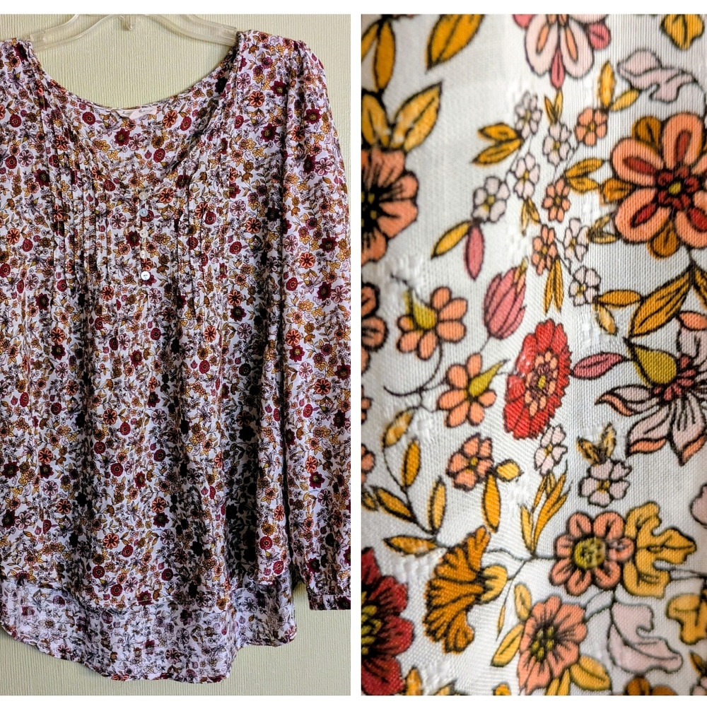 Jane And Delaney Floral Blouse Boho Flowy Pleated Front Placket Orange Yellow